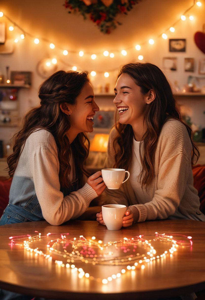 A heartwarming scene depicting two people joyfully laughing and connecting over a coffee table, surrounded by soft glowing lights and colorful heart-shaped decorations, symbolizing the journey from crush to deeper connection. The background should feature a cozy and inviting cafe atmosphere with warm tones. vibrant colors. super-realistic.