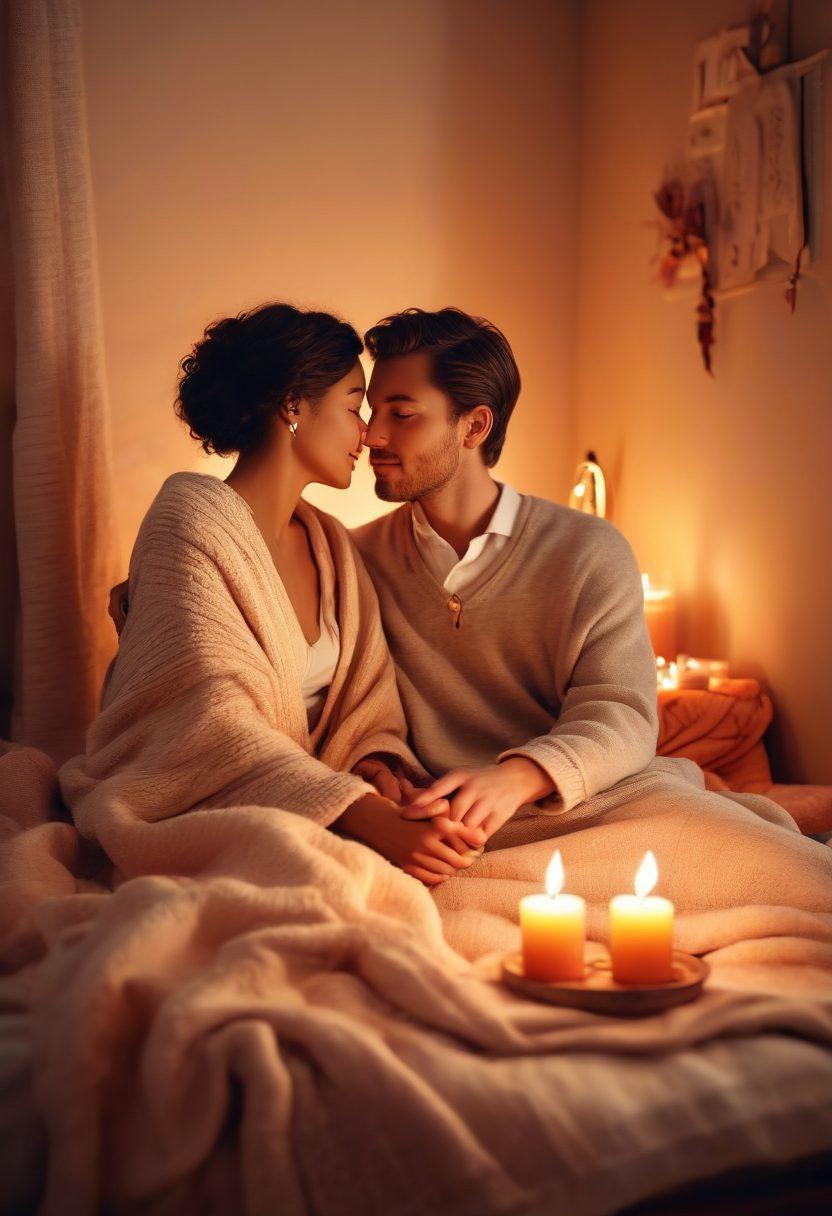 A cozy, intimate scene showcasing a couple engaging in a meaningful conversation over candlelight, surrounded by soft, warm colors. Include elements of handmade crafts like intertwined hearts, a love letter, and a cozy blanket. The atmosphere evokes warmth and emotional connection, perfect for illustrating romance and bonding. 3D effect. warm tones. soft focus.