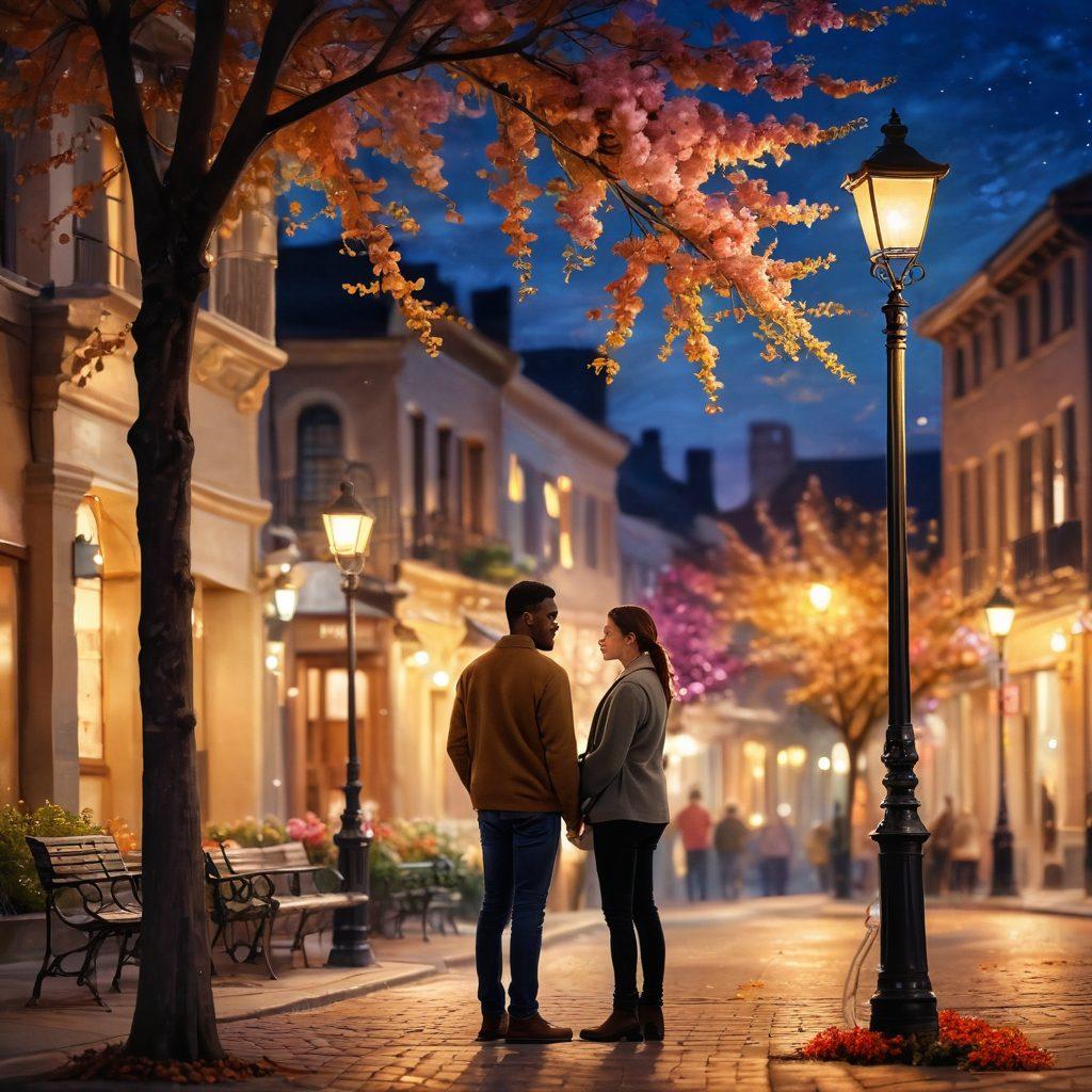 A warm and inviting scene of two diverse individuals engaged in a deep conversation under a cozy, illuminated street lamp, surrounded by blooming flowers symbolizing connection. Soft bokeh lights in the background enhance the emotional atmosphere, reflecting warmth and passion in relationships. Add delicate brush strokes for a painterly effect. warm colors. romantic painting.